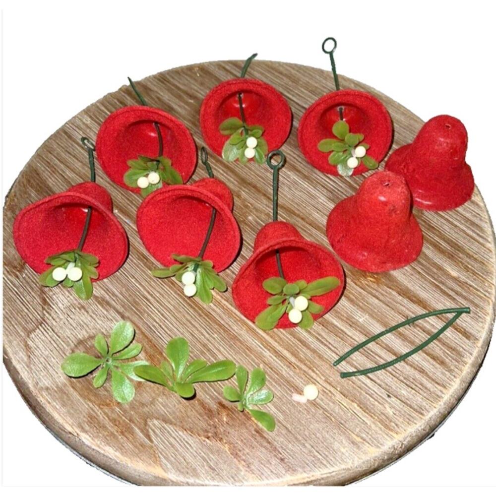 VTG Mid Century Red Flocked Christmas Bells Mistletoe Clappers 6 + Extra Parts